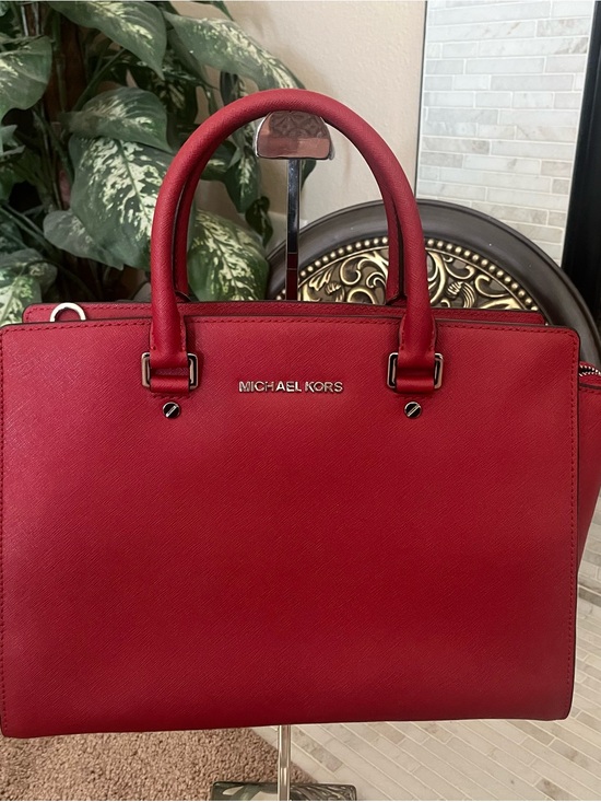 Michael Kors Handbags - Michael Kors Red Saffiano Leather Satchel with Silver-Tone Hardware